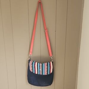thirty-one Navy Crossbody Bag with Coral Strap and Striped Flap